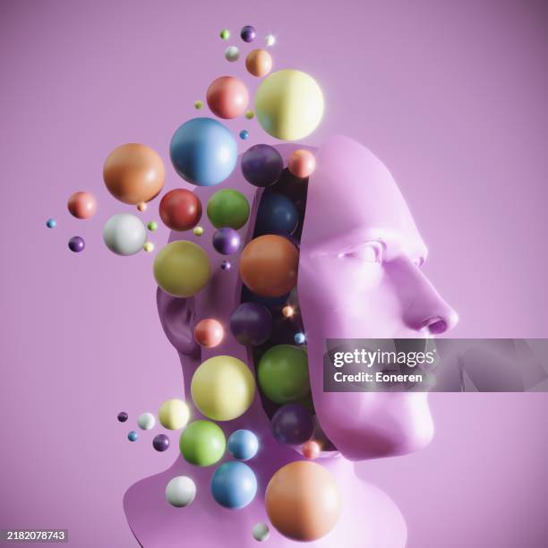 flugkugeln aus aufgeschnittenem kopf, neurodiversitätskonzept - neurowissenschaften stock-fotos und bilder