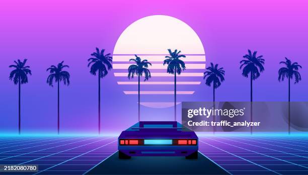 synthwave background - car and palm trees - driving sunset stock illustrations
