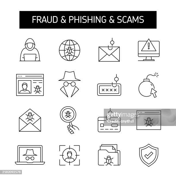 ilustrações de stock, clip art, desenhos animados e ícones de fraud and scam line icon set. phishing, cyber crime, hacker, security. - roubo empresarial