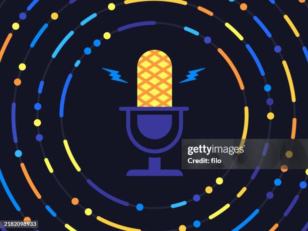 illustrazioni stock, clip art, cartoni animati e icone di tendenza di podcasting microphone audio circle wave lines background - spettro luminoso