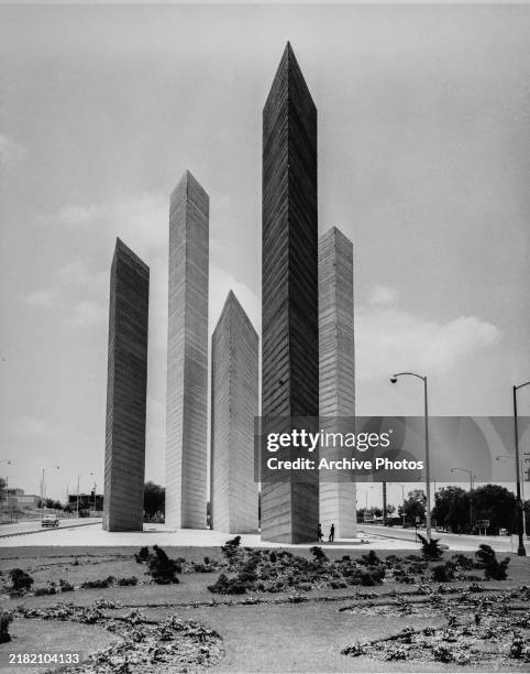 The 'Satellite Towers' , a group of urban sculptures in the Ciudad Satelite neighbourhood of Naucalpan, Edomex, Mexico, circa 1960. Completed in '58,...
