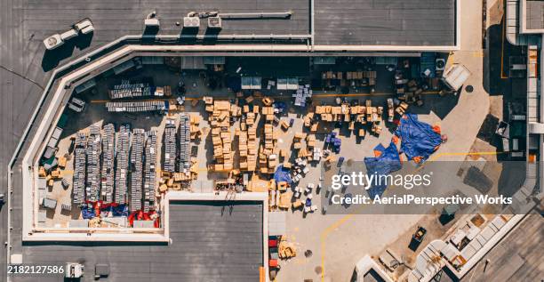 aerial view of the logistics and distribution center - refrigerator truck stock pictures, royalty-free photos & images