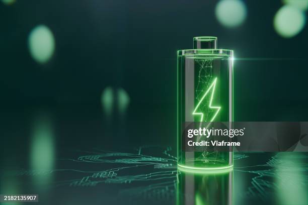 abstract glowing green battery with plexus network inside - energy storage stock pictures, royalty-free photos & images