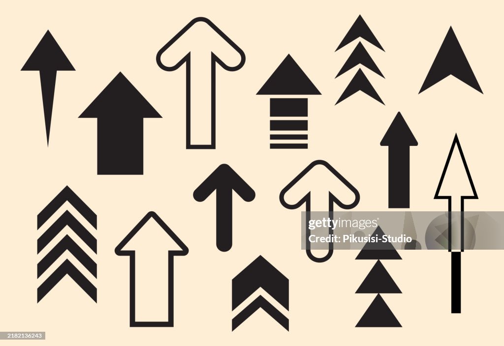 Symbole mit Pfeilen nach oben. Unterschiedliche schwarze Pfeilzeichen sind gekennzeichnet. Scrollen Sie oder wischen Sie nach oben.