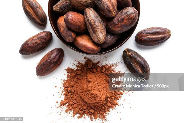 dark chocolate cocoa beans and powder - kakaopulver stock-fotos und bilder