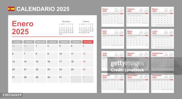 ilustraciones, imágenes clip art, dibujos animados e iconos de stock de calendario español para 2025. la semana comienza el lunes. plantilla vectorial simple. planificador de diseño de negocios. - mes