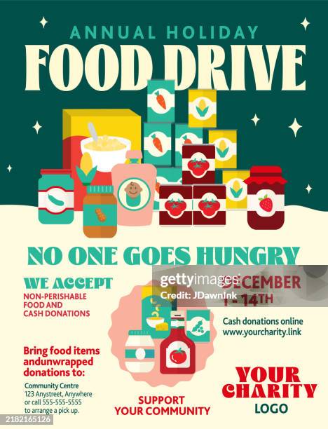 ilustrações de stock, clip art, desenhos animados e ícones de holiday food drive charity advertisement poster design template - recolha-de-alimentos
