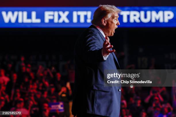 Republican presidential nominee, former President Donald Trump greets supporters during a campaign rally at Lee’s Family Forum on October 31, 2024 in...