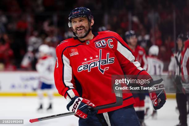Alex Ovechkin of the Washington Capitals reacts after scoring a goal against the Montreal Canadiens during the third period of the game at Capital...