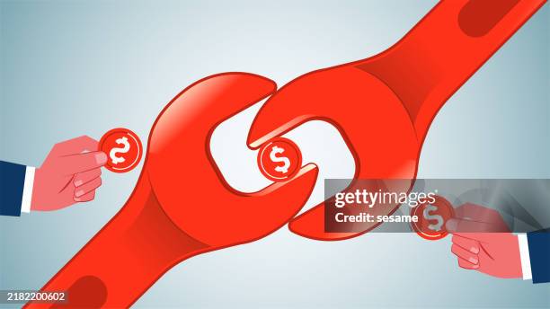 solve business or financial problems, improve financial operations, optimize expenses and profits, and repair with gold coins in hand inside two wrenches - startup services growth images stock illustrations