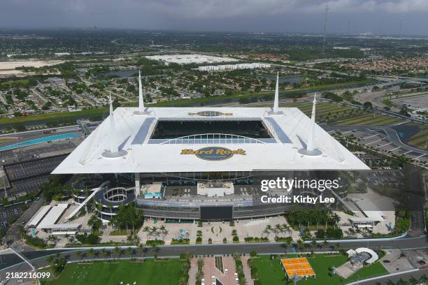General overall aerial view of Hard Rock Stadium on October 30, 2024 in Miami Gardens, Florida.