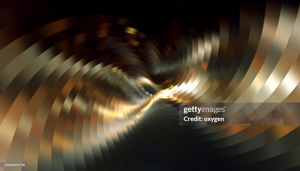 Abstract Metallic Swirl with Curved Stripes and Light Reflections. An abstract image featuring swirling metallic stripes with warm, reflective light, creating a dynamic sense of movement and depth.