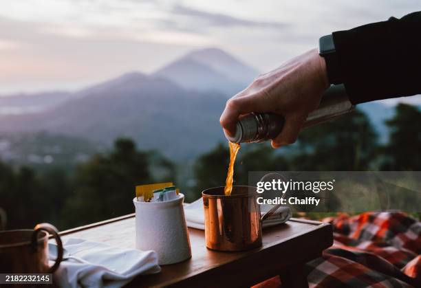 sunrise coffee at volcano batur in bali - coffee hamper stock pictures, royalty-free photos & images