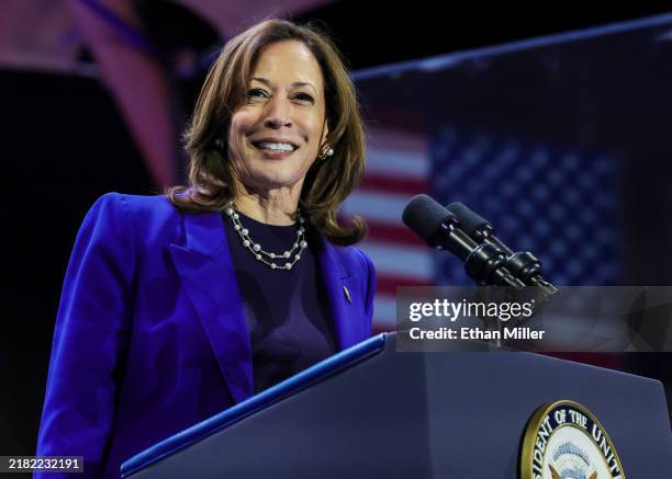 Democratic presidential nominee and U.S. Vice President Kamala Harris speaks during a "When We Vote We Win" campaign rally at Craig Ranch...