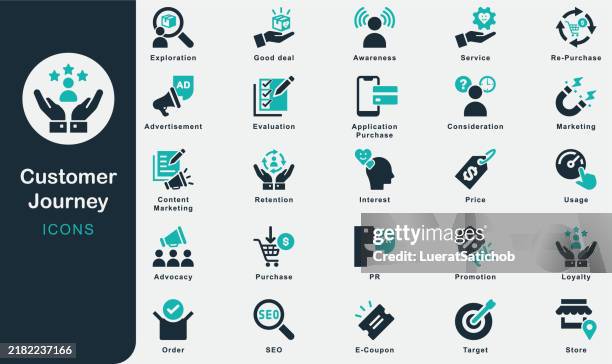 customer journey solid icons collection.containing marketing, awareness, consideration, purchase, retention, advocacy, pr, contentmarketing, interest, evaluation, service, loyalty, re-purchase, store - customer focused stock illustrations