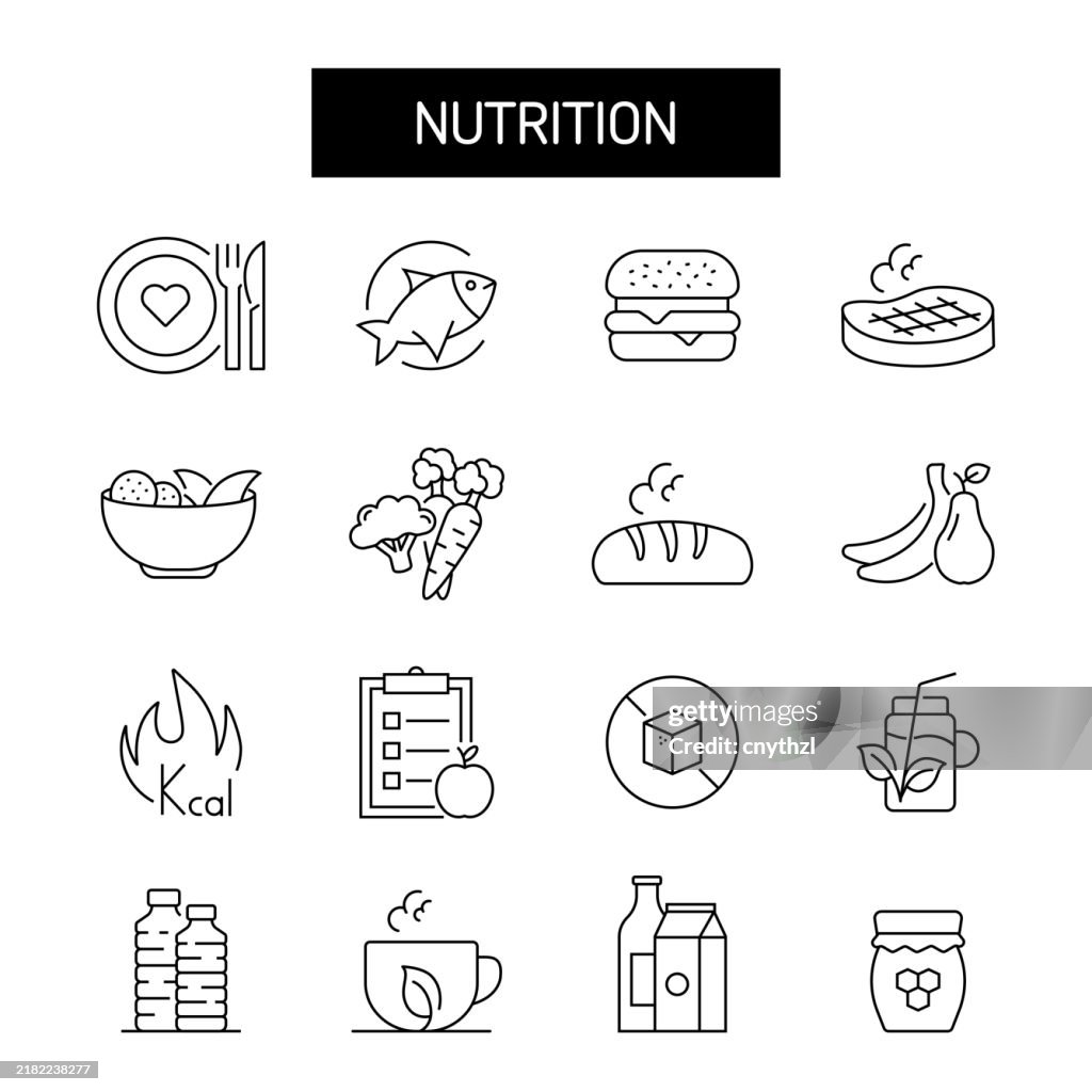 Nutrition Line Icon Set. Meat, Fish, Vegetables, Fruits, Carbohydrates, Drink.