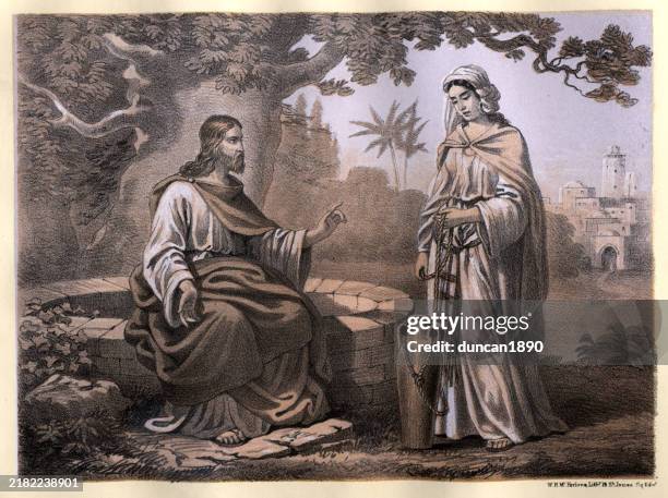 jesus und die samariterin am brunnen, jakobsbrunnen, vintage biblische religiöse illustration - religiöse darstellung stock-grafiken, -clipart, -cartoons und -symbole