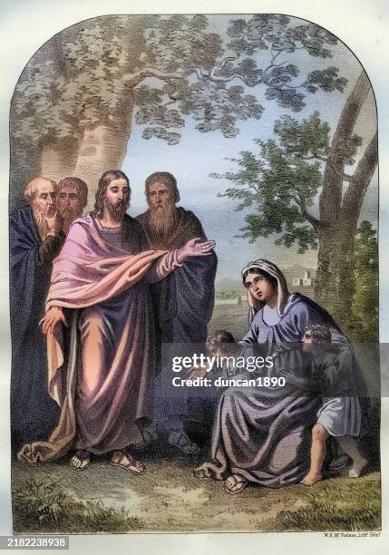 ilustraciones, imágenes clip art, dibujos animados e iconos de stock de jesús bendiciendo a los niños pequeños, ilustración religiosa bíblica vintage - ilustracion religiosa