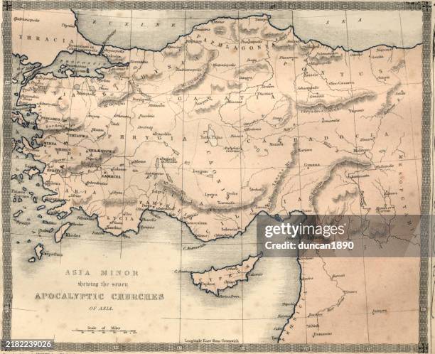 map of asia minor showing the seven apocalyptic churches of asia, vintage biblical religious illustration - old map of middle east stock illustrations