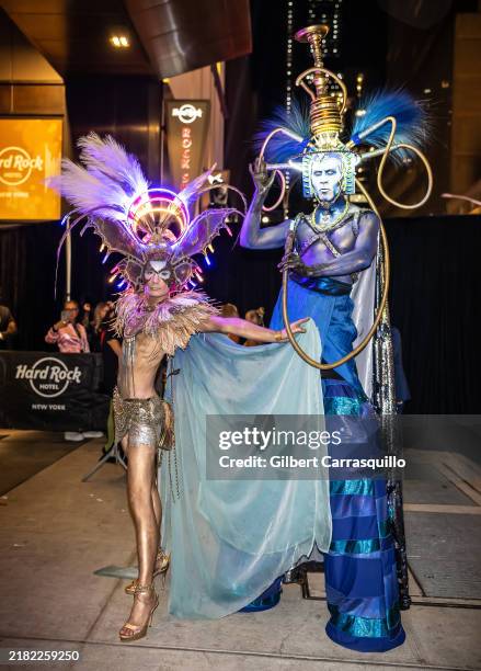 Austin Scarlett and guest arrive to Heidi Klum's 23rd Annual Halloween Party at Hard Rock Hotel New York on October 31, 2024 in New York City.