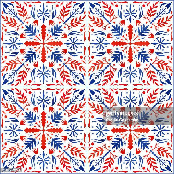 scandinavian christmas seamless pattern.merry christmas vintage ethnic background decorated with blue and red leaves and geometric shapes. - scandinavian culture christmas stock illustrations