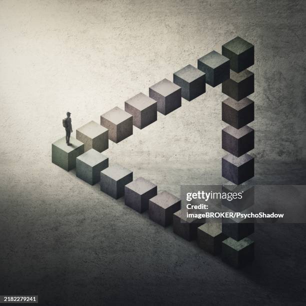 lost and confused man walks puzzled on a penrose triangle. perplexed person looks disoriented ahead, don't know wich way to choose. surreal and conceptual scene, mental maze, optical illusion - penrose triangle stock illustrations