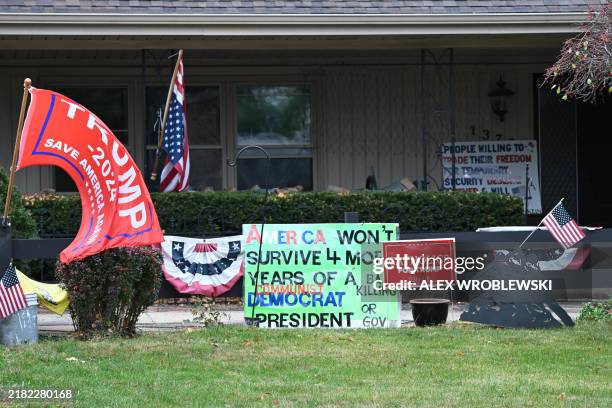 Campaign sign supporting former US President and Republican Presidential candidate Donald Trump is on display in West Bend, Wisconsin on November 4,...