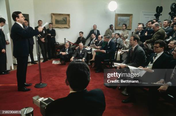 White House Press Secretary Ron Ziegler speaking at a press conference in the briefing room of the White House in Washington, April 21st 1969.