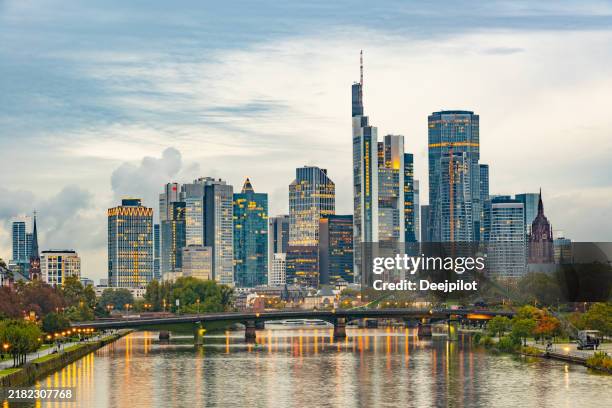 frankfurt city skyline at twilight, germany - frankfurt am main skyline stock pictures, royalty-free photos & images