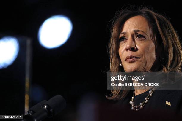 Vice President and Democratic presidential candidate Kamala Harris speaks during a campaign rally at the Carrie Blast Furnaces National Historic...