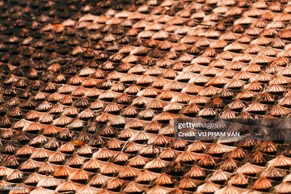 Cascading scalloped seamless patterns on tile roof