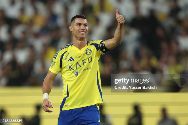 Cristiano Ronaldo of Al Nassr gives a thumbs up during the Saudi Pro League match between Al-Nassr v Al-Hilal at Al -Awwal Stadium on November 01,...