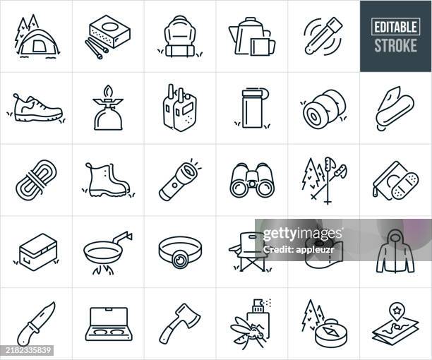 outdoor gear thin line icons - editable stroke - taschenlampe stock-grafiken, -clipart, -cartoons und -symbole