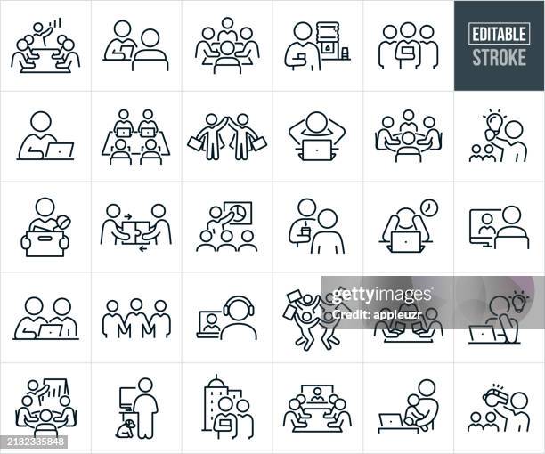 ilustraciones, imágenes clip art, dibujos animados e iconos de stock de gente de negocios en el trabajo iconos de línea fina - trazo editable - asamblea