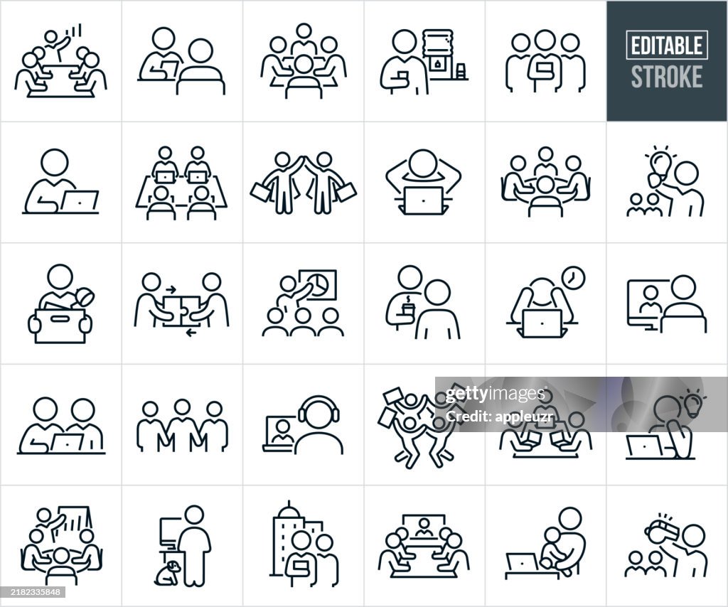 Business People At Work Thin Line Icons - Editable Stroke