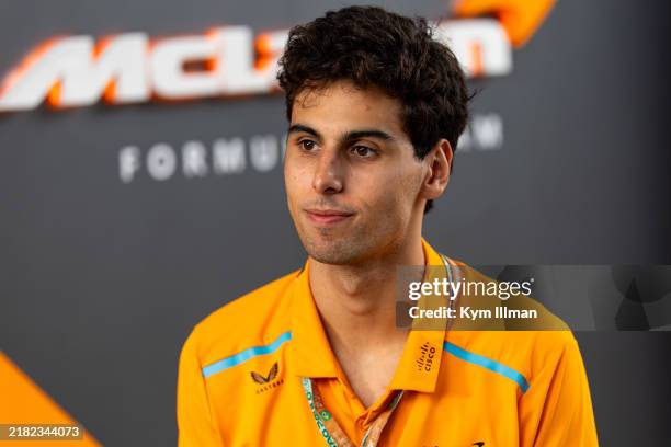 Gabriel Bortoleto of Brazil and McLaren F1 Team looks on in the paddock during practice/sprint qualifying ahead of the F1 Grand Prix of Brazil at...