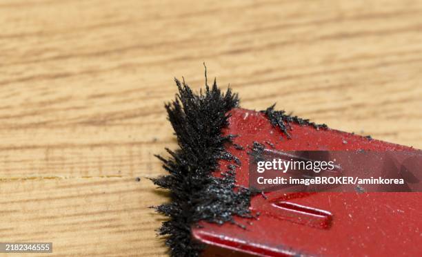 closeup of iron filings attached to red colored north end of magnet on wood grain background - iron filings stock pictures, royalty-free photos & images