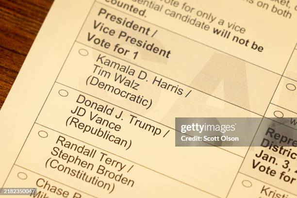 Sample ballot sits on a table during in-person absentee voting on November 01, 2024 in Little Chute, Wisconsin. Election day is Tuesday November 5.