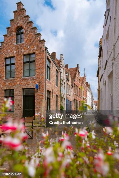 view of pretty alley in bruges, belgium - frühlings kollektion stock-fotos und bilder