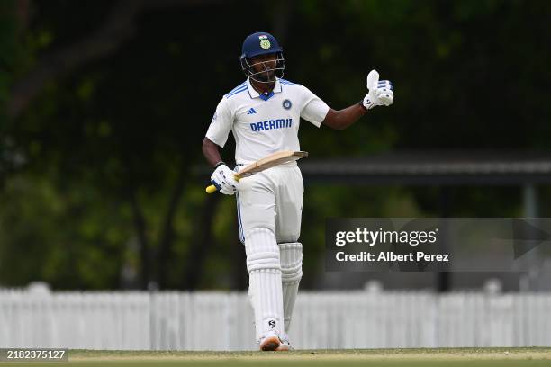 Sai Sudharsan of India A celebrates his century during day three of the match between Australia A and India A at Great Barrier Reef Arena on November...