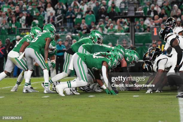 Philadelphia Eagles attempt a tush push during the game between the Philadelphia Eagles and the Jacksonville Jaguars on November 3, 2024 at Lincoln...