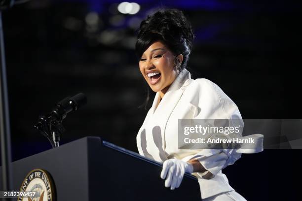 Cardi B speaks during a campaign rally for Democratic presidential nominee, U.S. Vice President Kamala Harris at the Wisconsin State Fair Park...