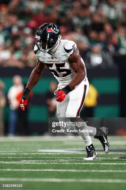 Danielle Hunter of the Houston Texans rushes the quarterback during an NFL football game against the New York Jets, Thursday at MetLife Stadium on...
