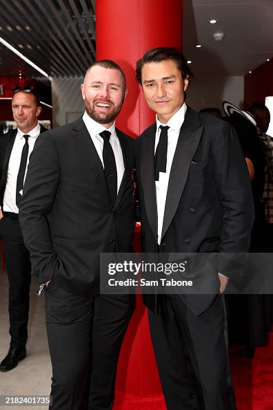 Joe Hanaran Joe Hanrahan and Tim Kano poses for a photo during 2024 Derby Day at ...