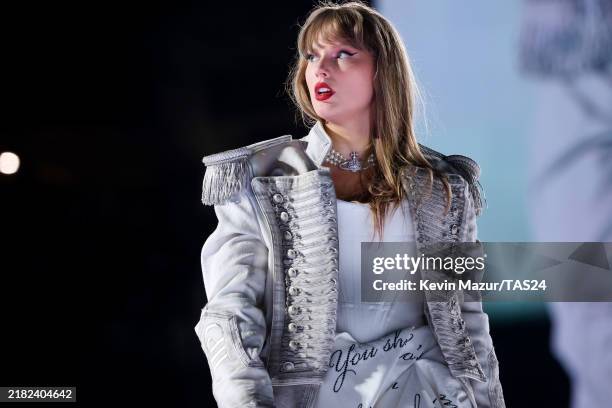 Taylor Swift performs onstage during "Taylor Swift | The Eras Tour" at Lucas Oil Stadium on November 01, 2024 in Indianapolis, Indiana.