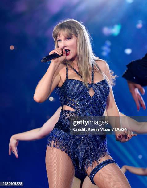 Taylor Swift performs onstage during "Taylor Swift | The Eras Tour" at Lucas Oil Stadium on November 01, 2024 in Indianapolis, Indiana.