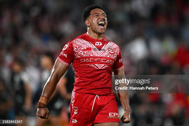 Paul Alamoti of Tonga celebrates winning the men's 2024 Rugby League Pacific Championship match between New Zealand Kiwis and Tonga XIII at Go Media...