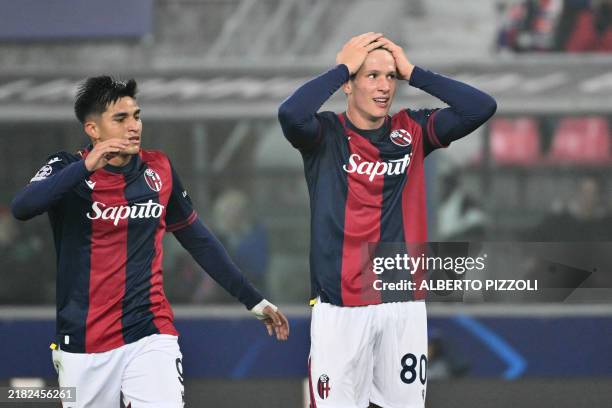 Bologna's Italian midfielder Giovanni Fabbian reacts during the Champions League football match between Bologna FC and AS Monaco at the Renato...