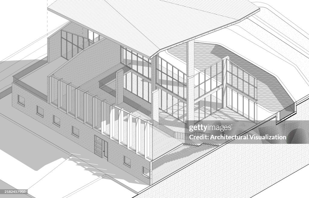 Architektur 3D-geschnittene explosionsartige axonometrische Zeichnung eines großen luxuriösen Villenhauses
