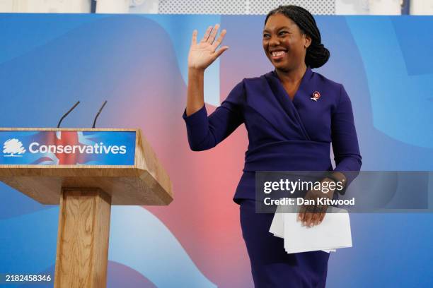 Kemi Badenoch stands to make a speech after winning the Conservative Party leadership contest on November 2, 2024 in London, England. The Tory...